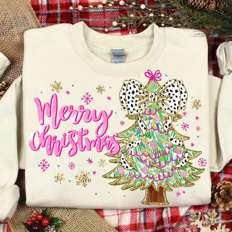 Merry Christmas pink font brushstroke tree 64822 DTF transfer