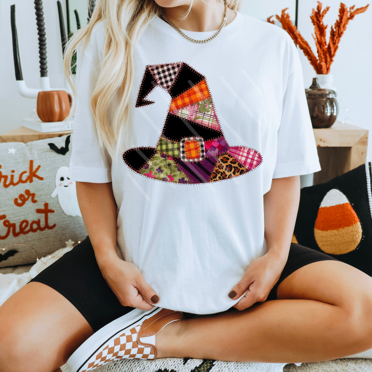 Faux Fabric Patchwork Witch Hat 110871 DTF transfer