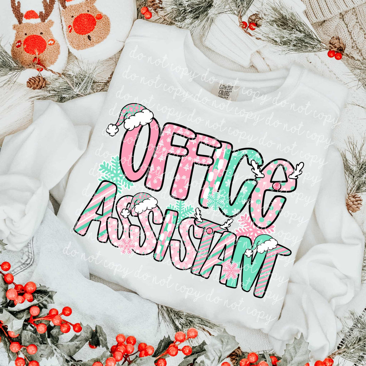 Office Assistant Mint and Pink Christmas letters DTF transfer