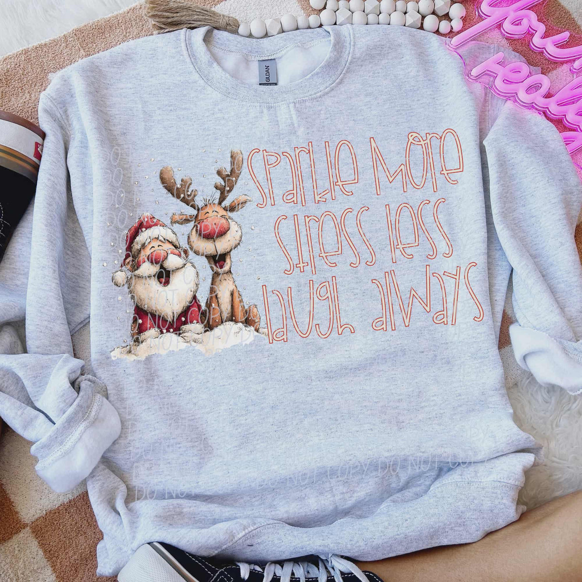 Sparkle More reindeer and Santa (pink text) (city) DTF transfer