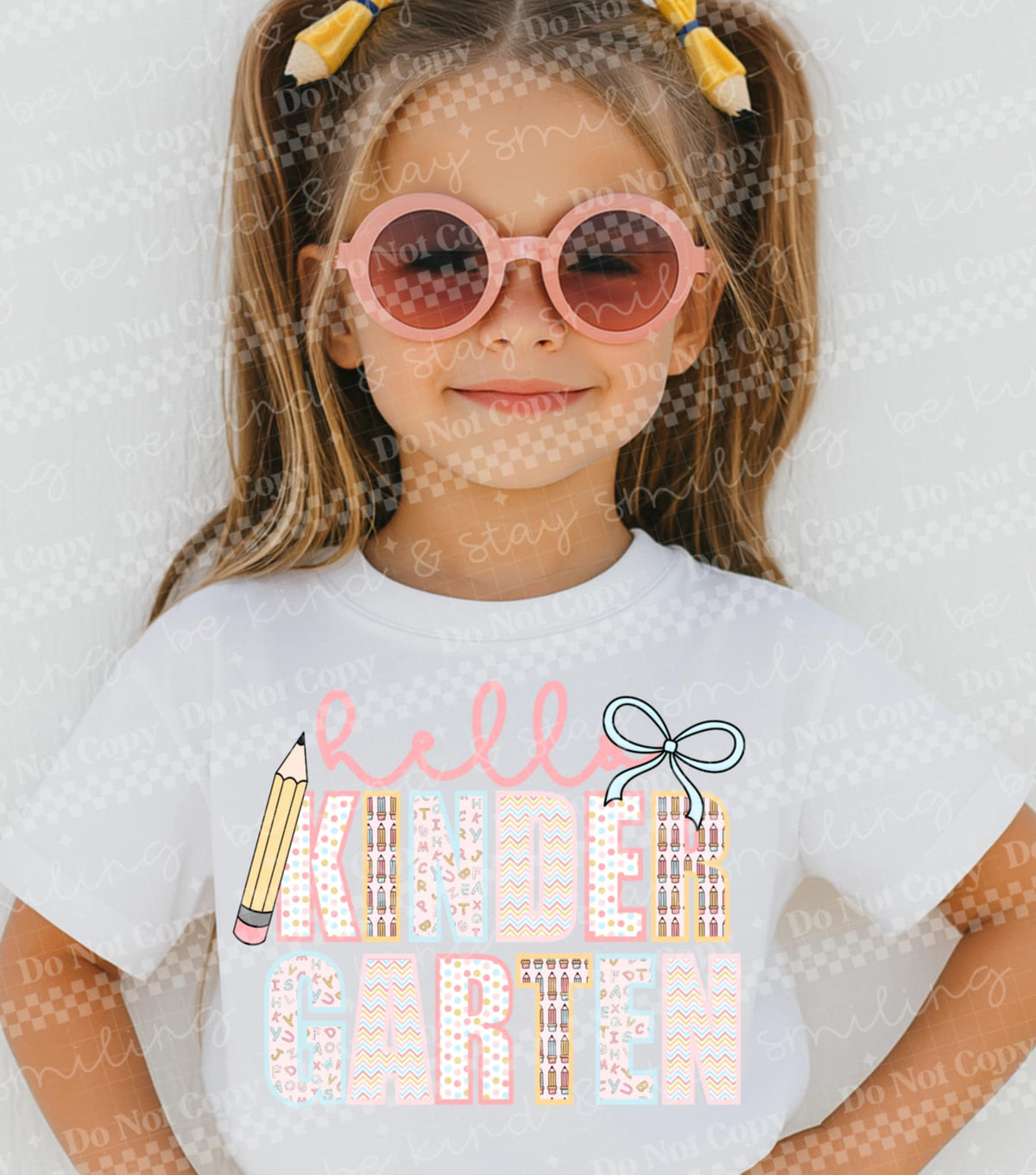 Hello Kindergarten pencil and bow DTF transfer