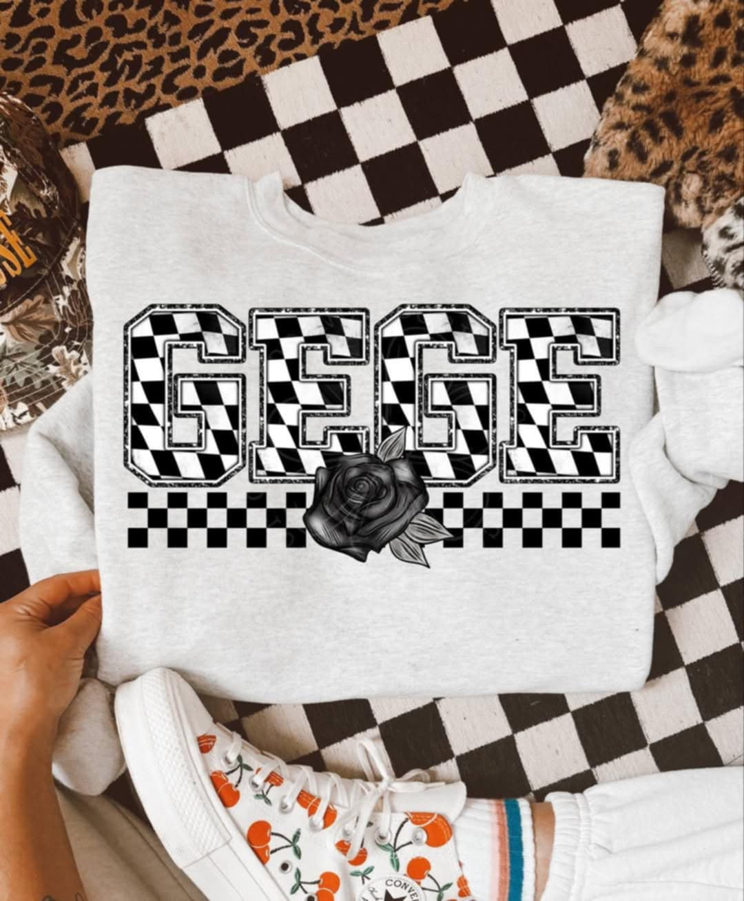 Gege checkered with black rose (Unhinged) 99344 DTF transfer
