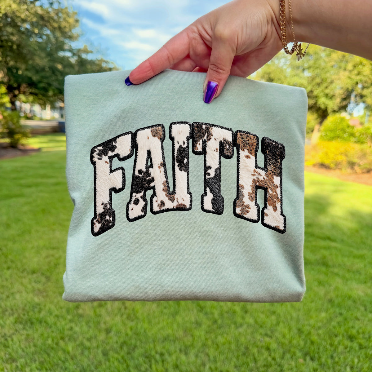 Faith cow faux patch DTF transfer