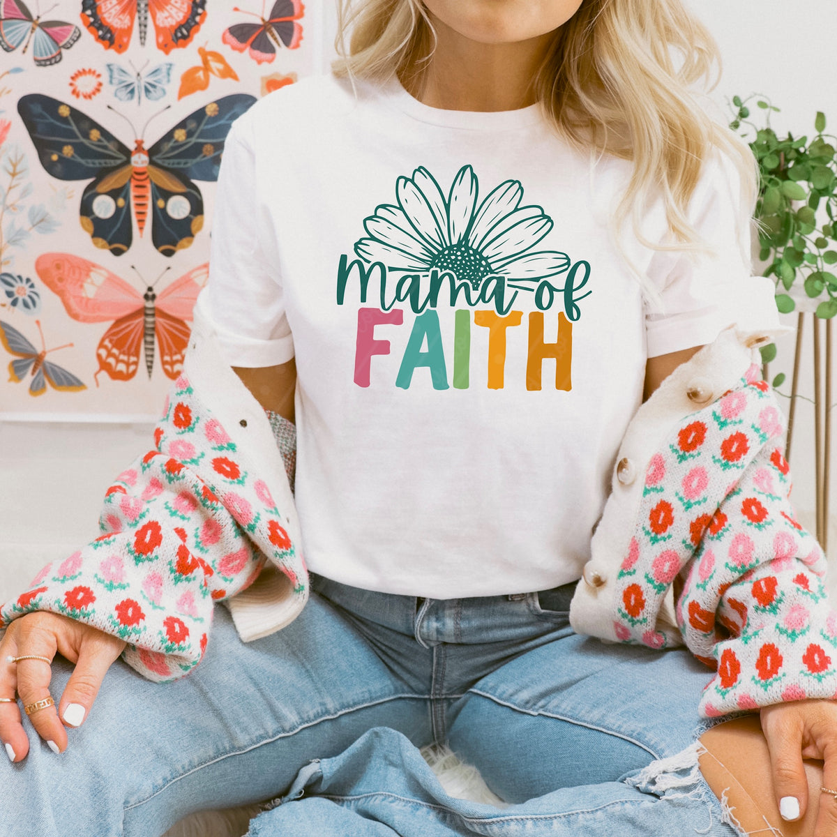 Mama of faith sunflower (teal and colorful) DTF Transfer