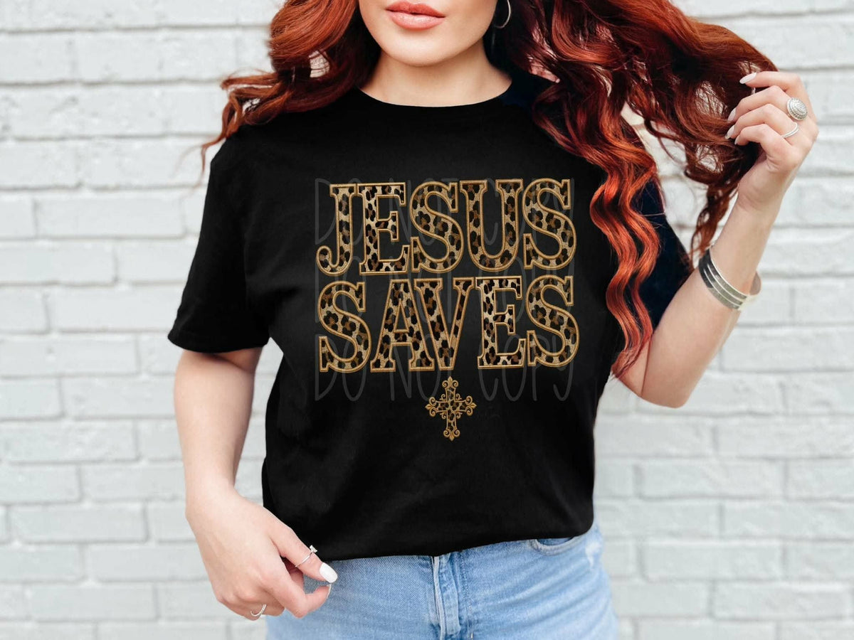 Jesus Saves faux embroidery leopard (PH) DTF TRANSFER