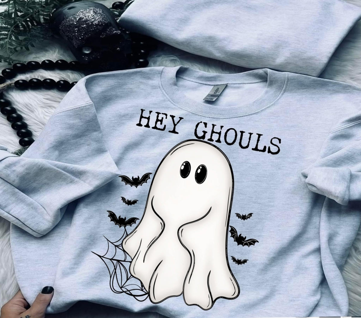 Hey Ghouls White ghost and bats (Linda) DTF Transfer