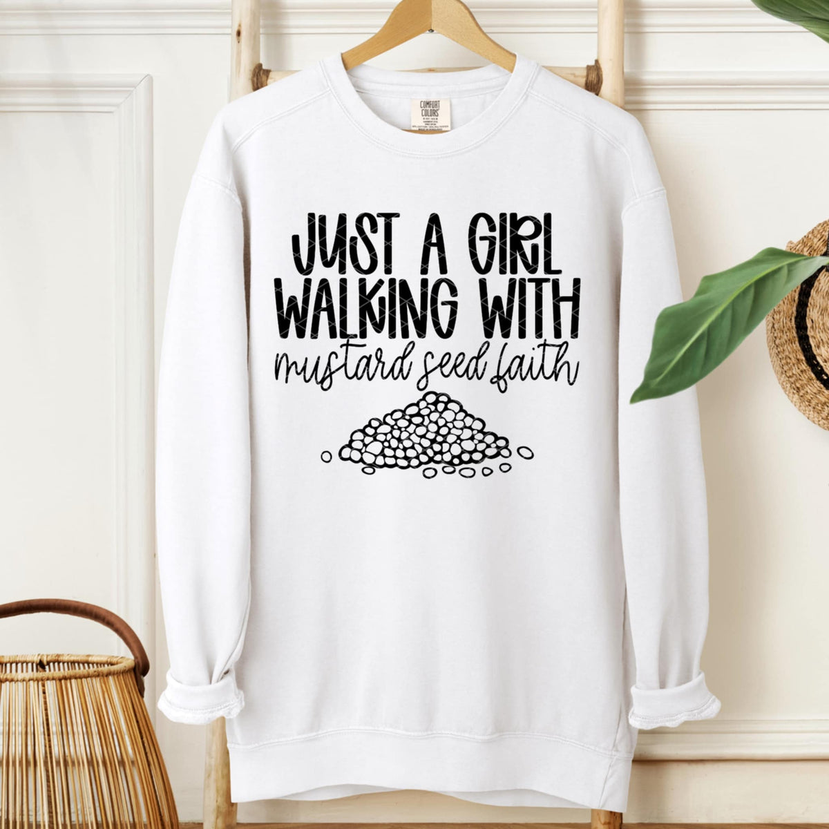 Just A Girl walking with mustard seed faith BLACK (SDD) DTF Transfer