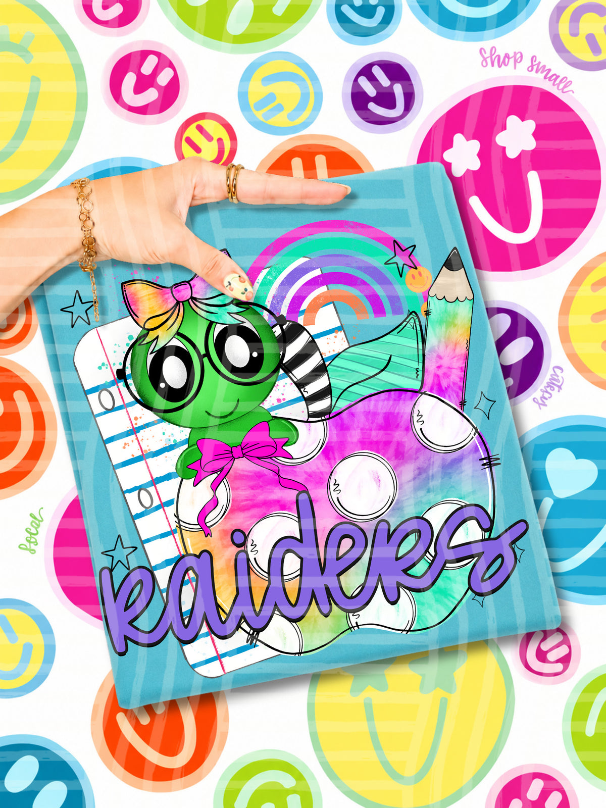 raiders tie dye apple with white dots & green bug (CAPLINGER) DTF Transfer