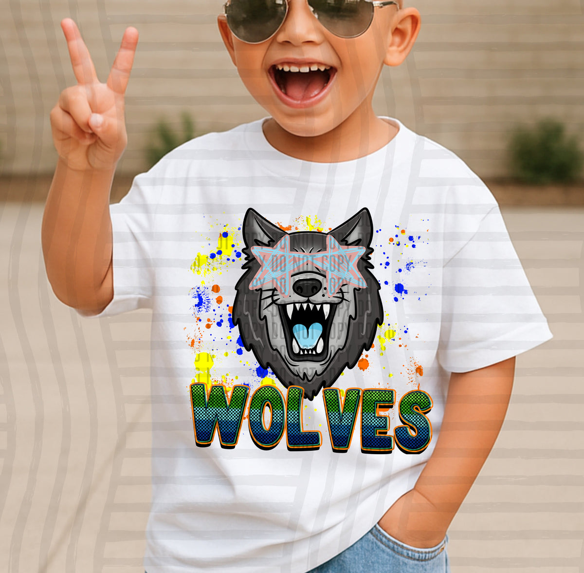 wolves paint splatter boy blue green and yellow (Caplinger) DTF Transfer