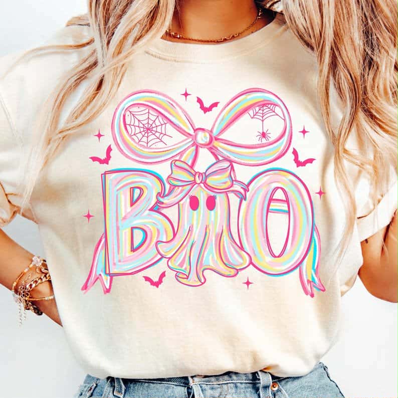 Boo Ghost with big bow pink iridescent DTF transfer