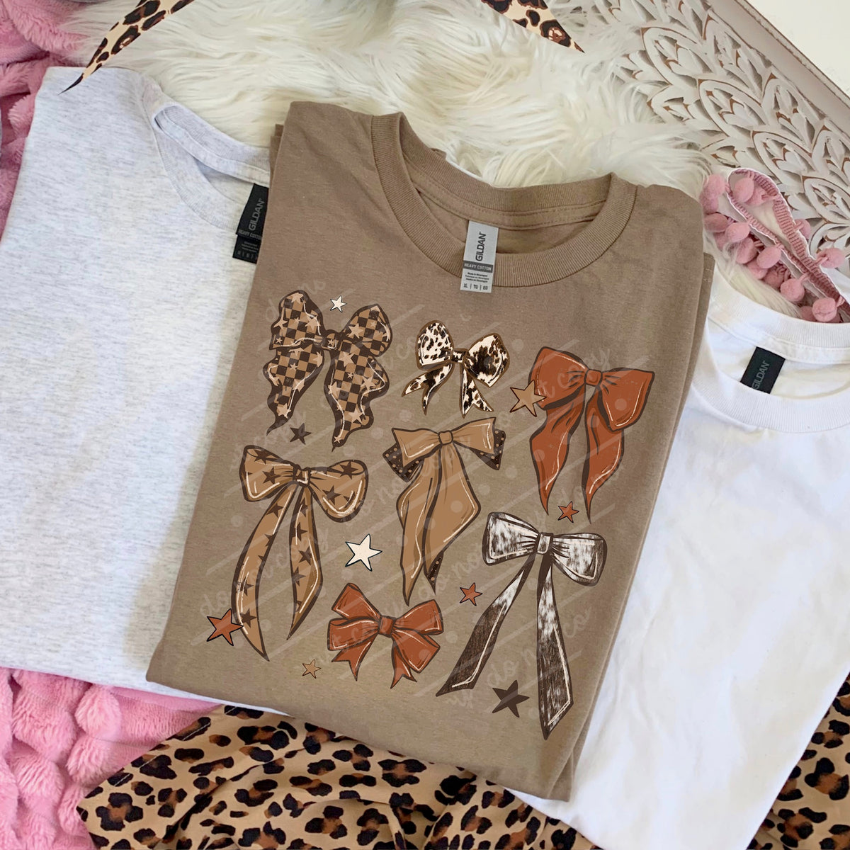 Patterned bows collage with burnt orange (scarlow) DTF Transfer