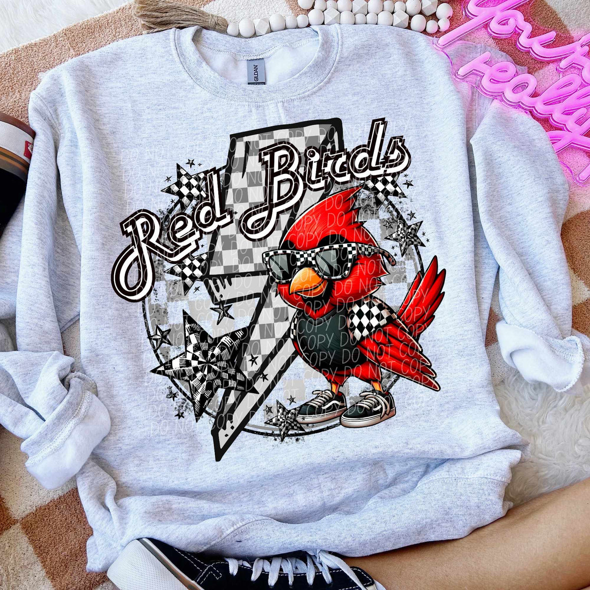 Red birds black shirt lightning bolt (CITY) 52468 DTF transfer
