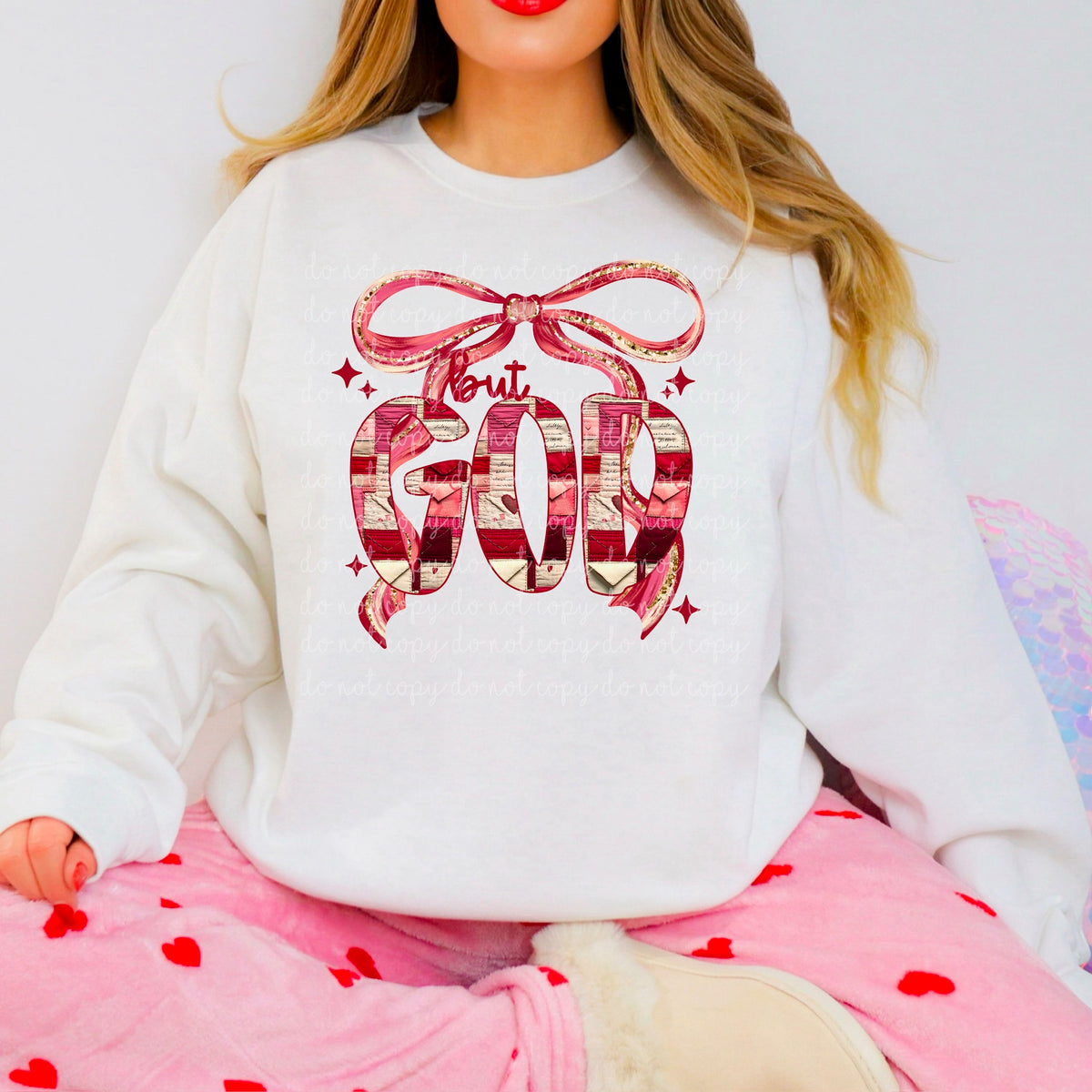 But God Valentines Font with bow (exclusive) DTF transfer