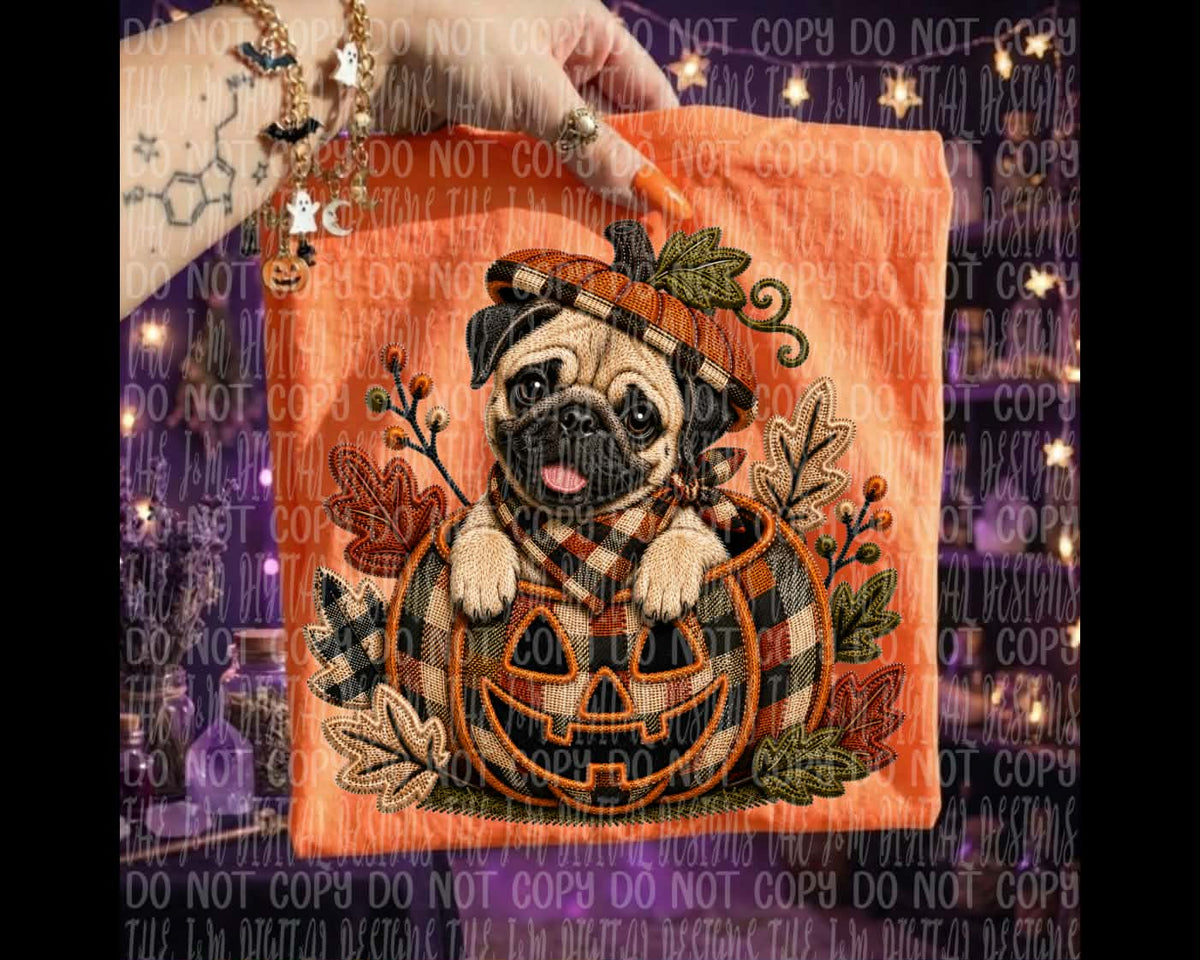 Brown pug black ears and nose in pumpkin (J&M) DTF transfer