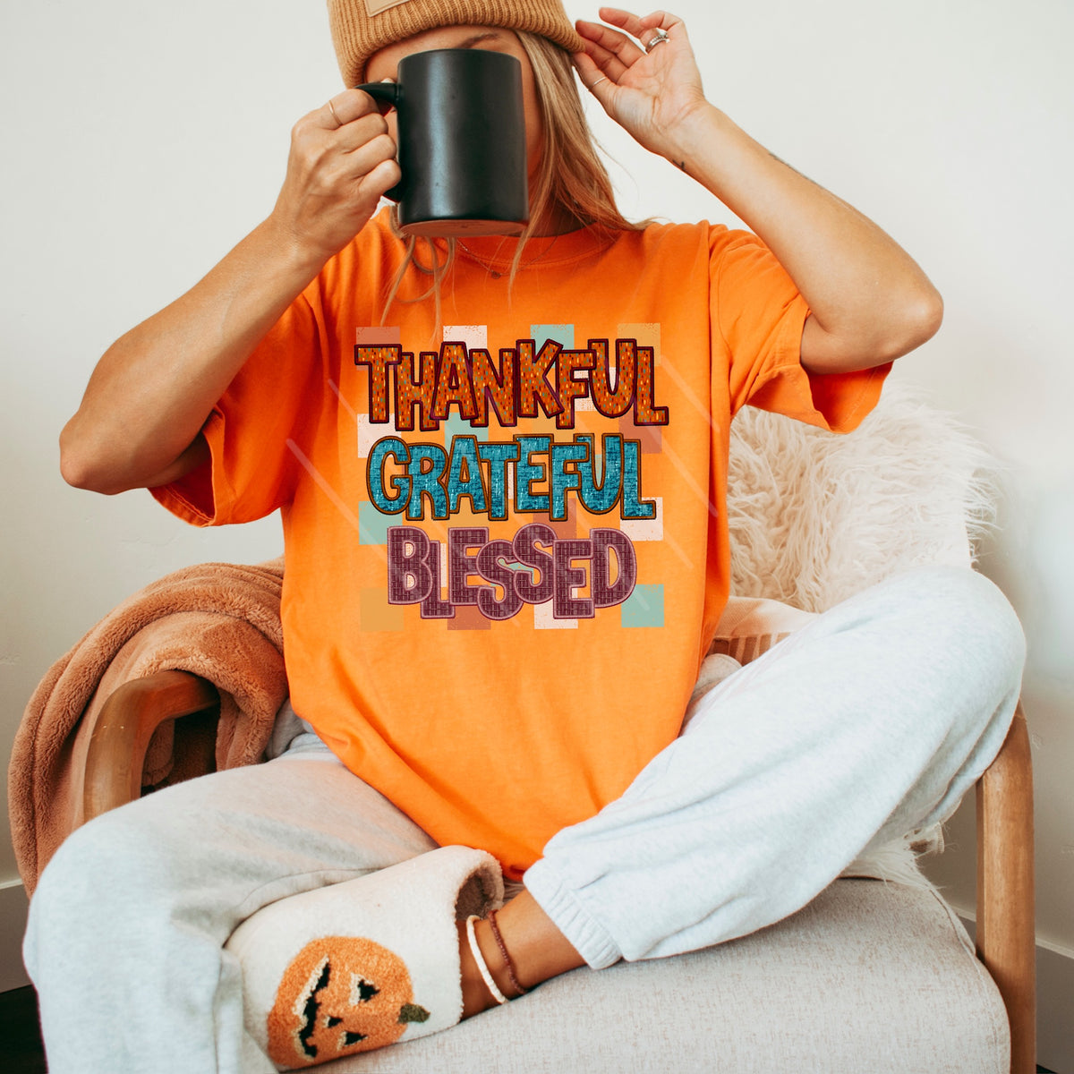 Thankful Grateful Blessed WITH CHECKER stacked Faux embroidery with pattern letters 111823 DTF transfer