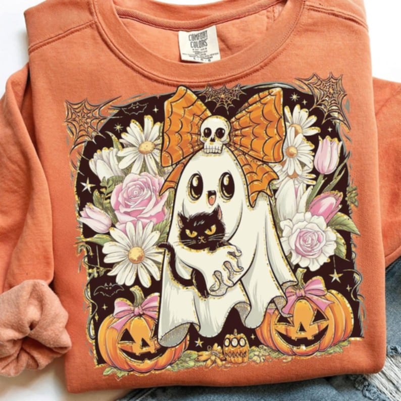 Ghost Holdinng Black Cat and skull bow frame 111190 DTF transfer