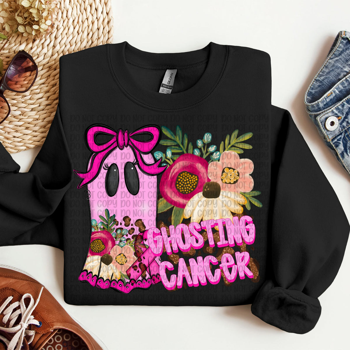 Ghosting Cancer pink ghost pink bow with florals (VP) DTF Transfer