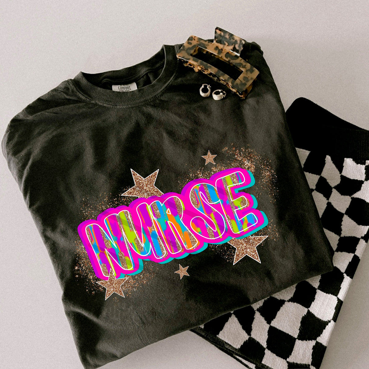 Nurse Grade Rainbow and glitter gold stars scarlow 110381 DTF transfer