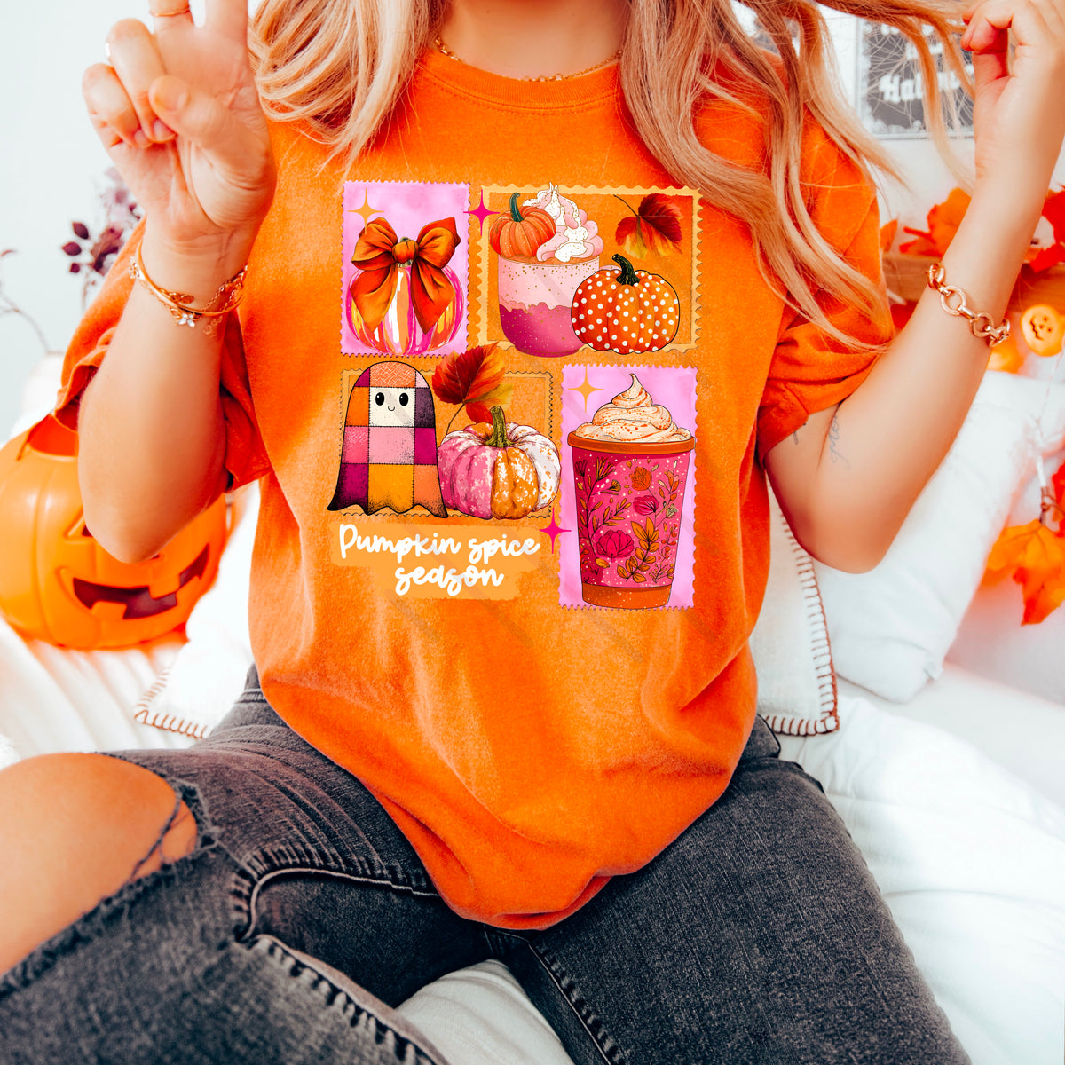 pumpkin Spice season pink and orange stamps DTF transfer