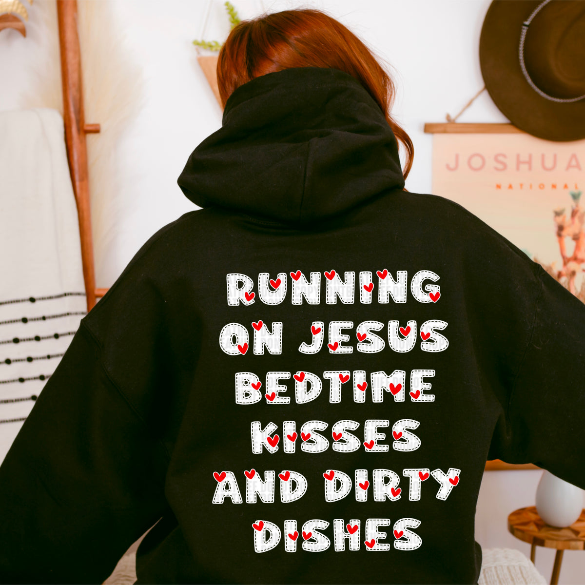 Running on Jesus bedtime kisses and dirty dishes white with red hearts 91647 DTF transfer