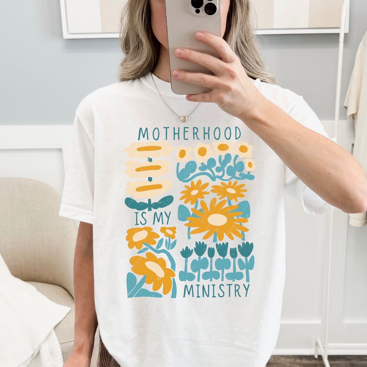 Motherhood is my ministry (three flowers on top left) (blue cream orange) DTF Transfer