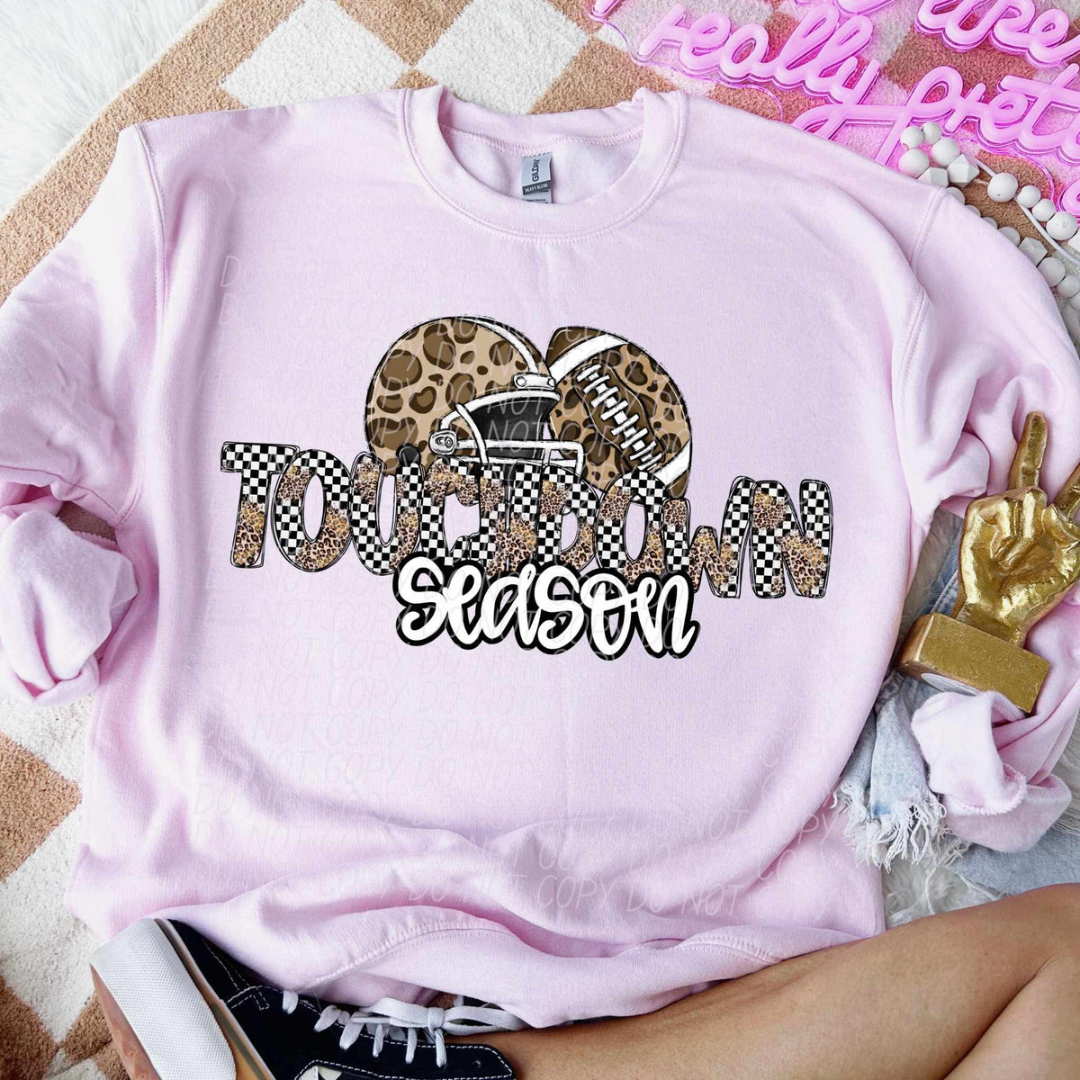 Touchdown season helmet football white lettering leopard and checkered font city DTF transfers