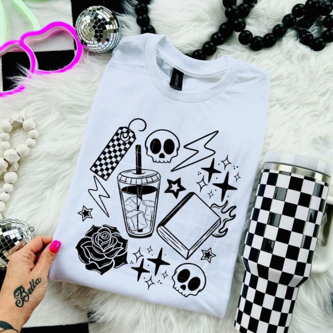 Coffee and book collage BLACK (CSC) 98311 DTF transfer