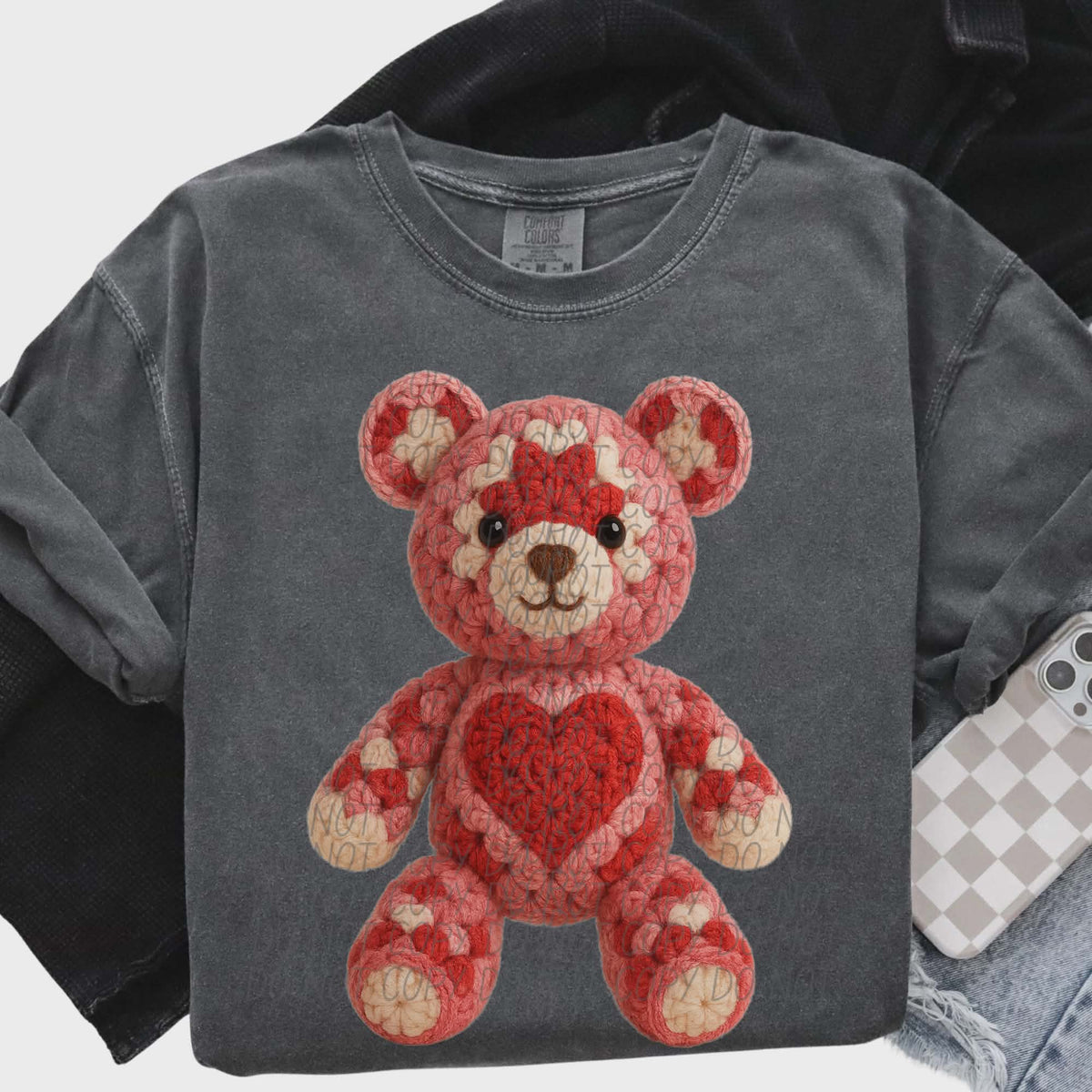 Pink faux crochet teddy bear (city) DTF transfer