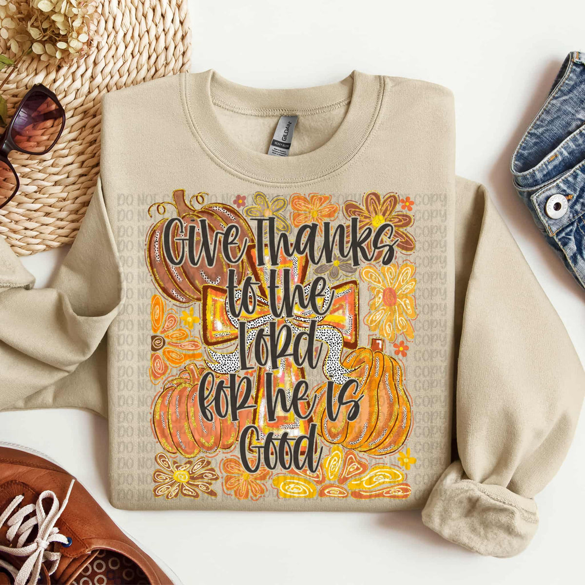 Give thanks to the lord for he is good pumpkin and cross (VP) DTF transfer