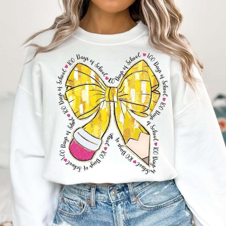 100 days of school yellow brushstroke bow 77642 DTF transfer