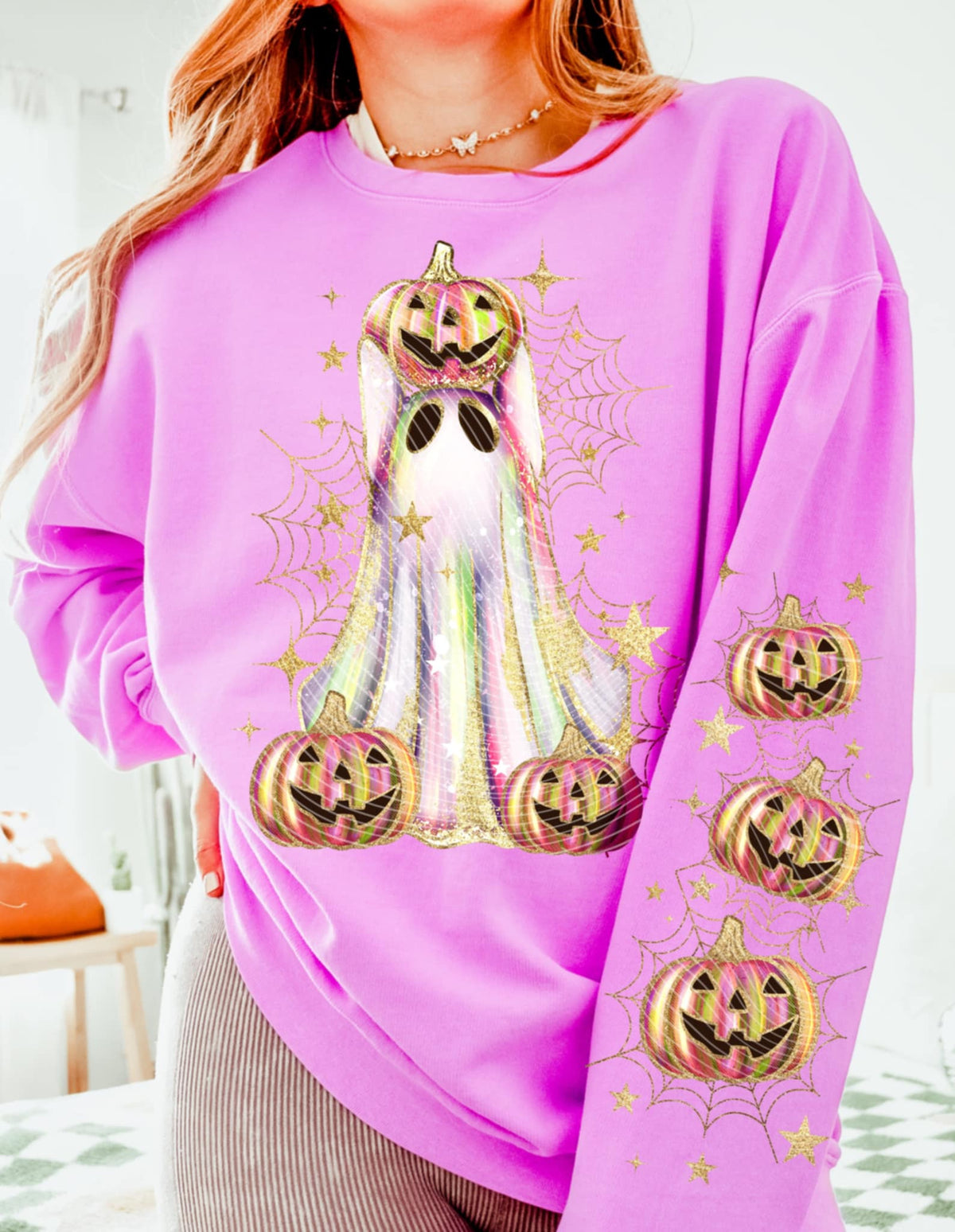 Gold Ghost Holding Pumpkin front only AG DTF transfer