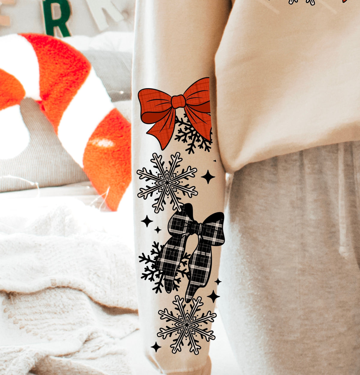 Cozy Season plaid with red bows (SLEEVE) (csc) DTF transfer