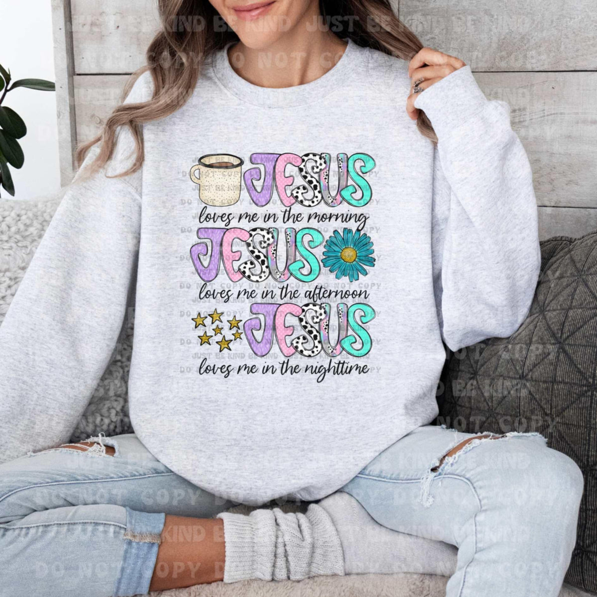 Jesus loves me in the morning color and black (VLB) 87421 DTF transfer
