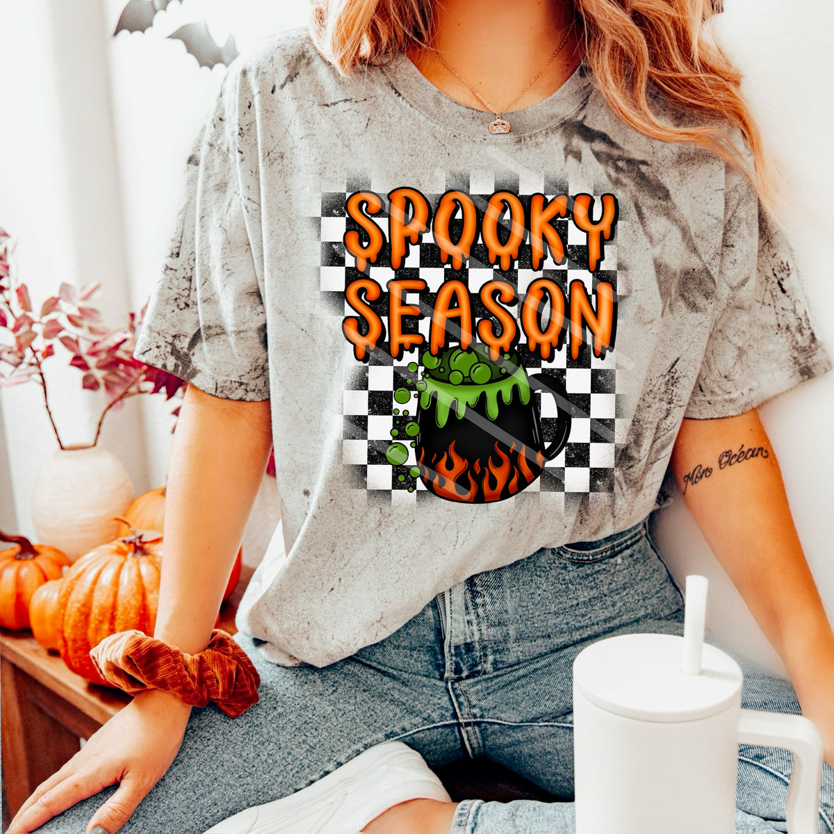 Spooky Season Cauldron Mug checker background 114075 DTF Transfer