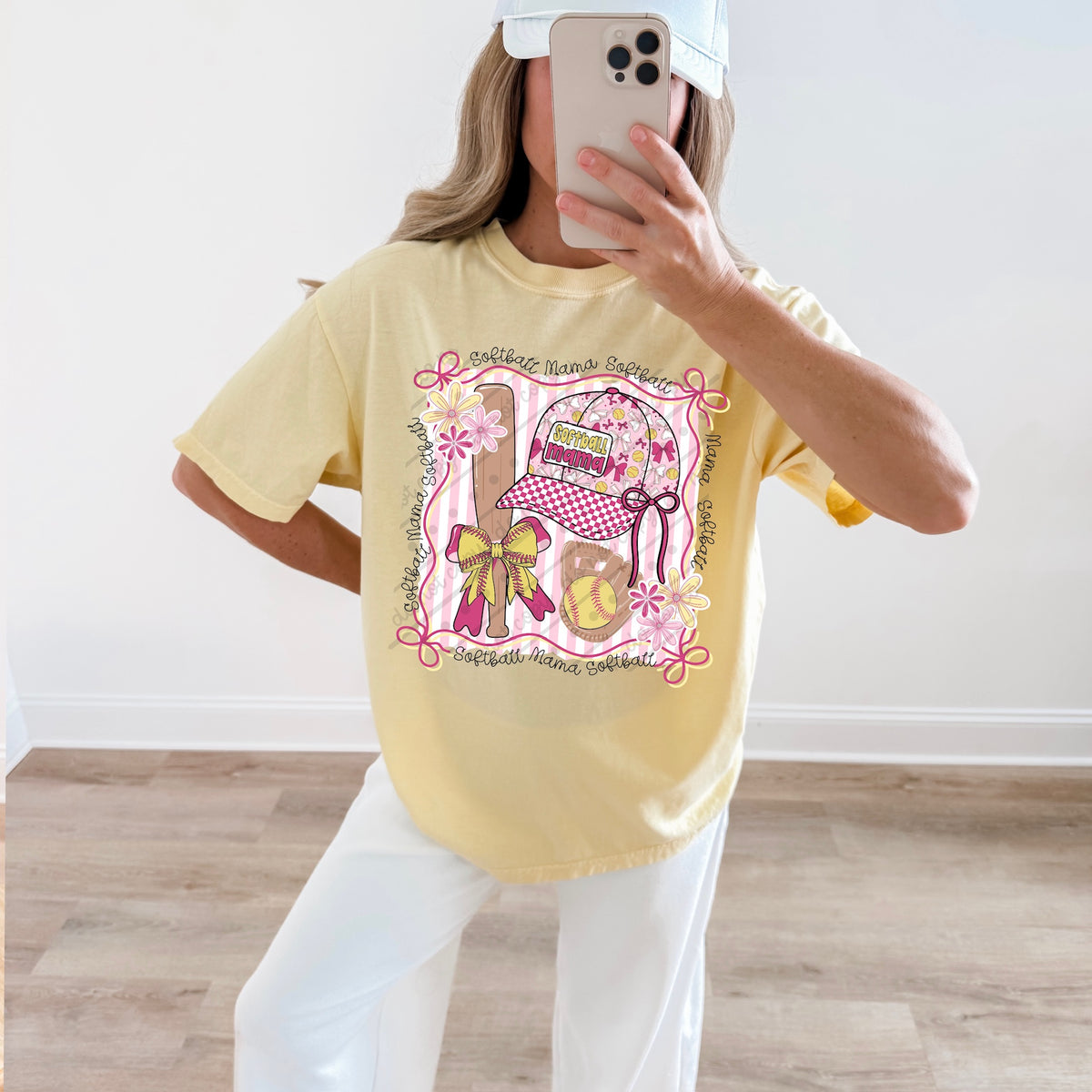 Softball mama hat collage with bat and glove (words around the frame) (MZ) DTF Transfer