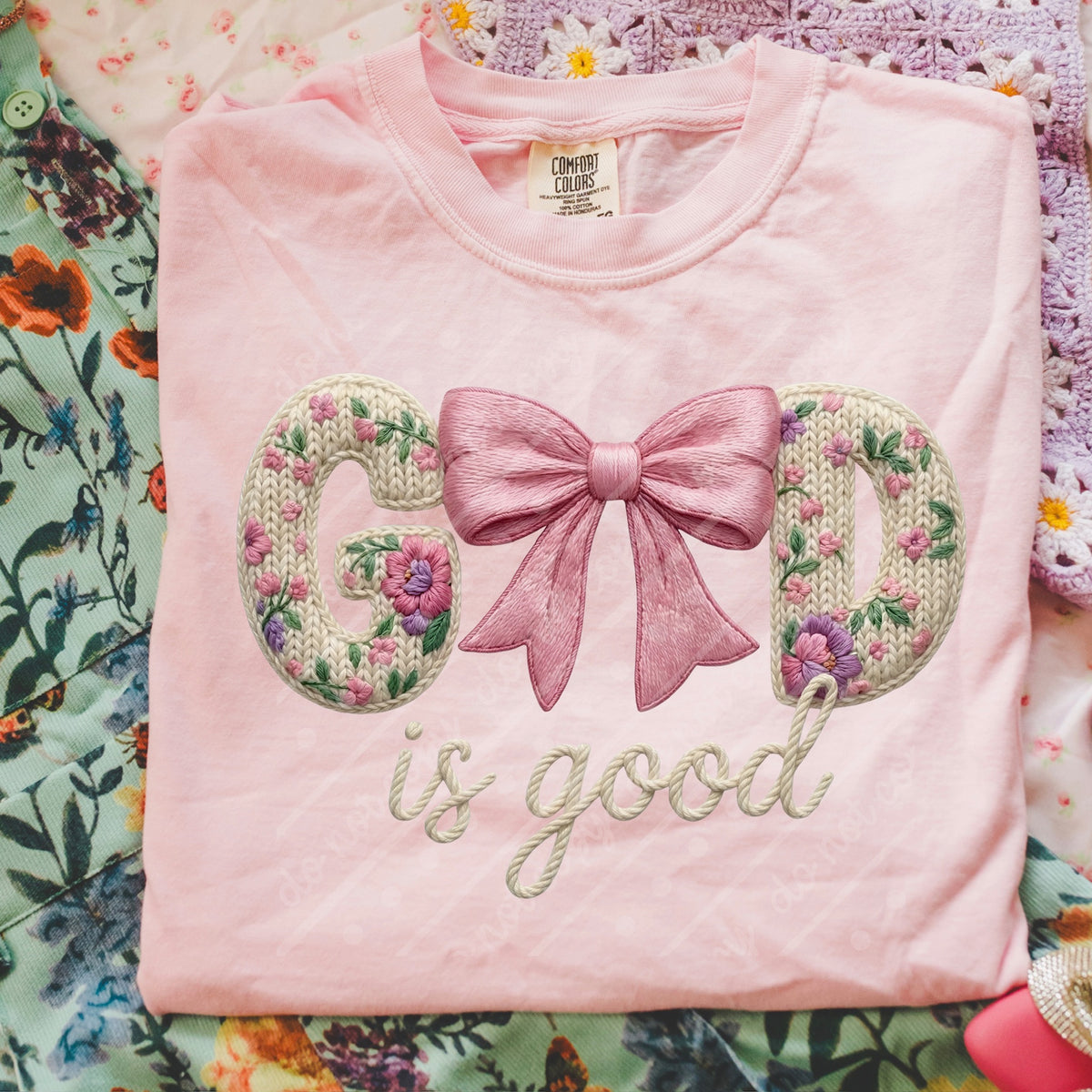 God is good faux embroidery floral DTF Transfer