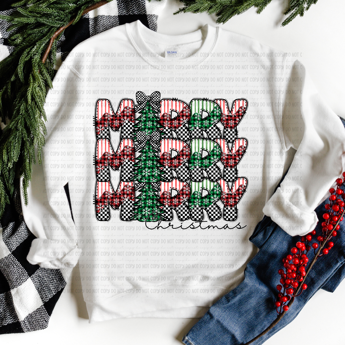 Merry Christmas Stacked stripe plaid and checker (revel) DTF Transfer