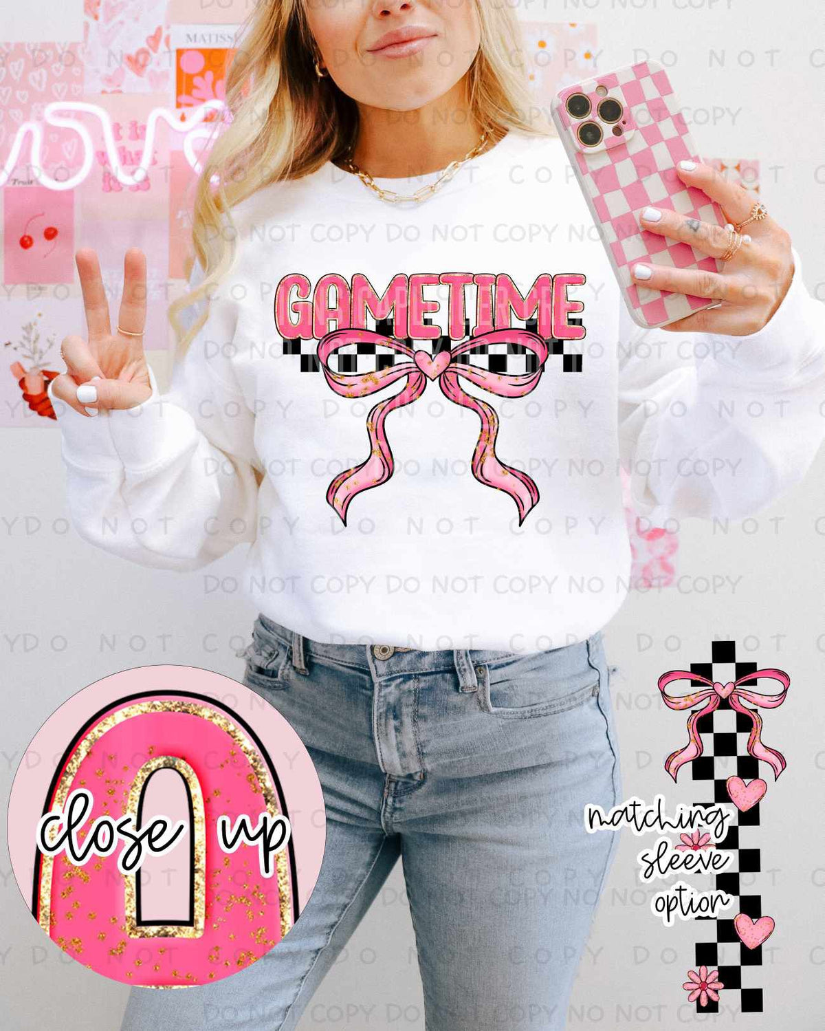 Gametime pink and gold with bow (Caplinger) 80409 DTF transfer