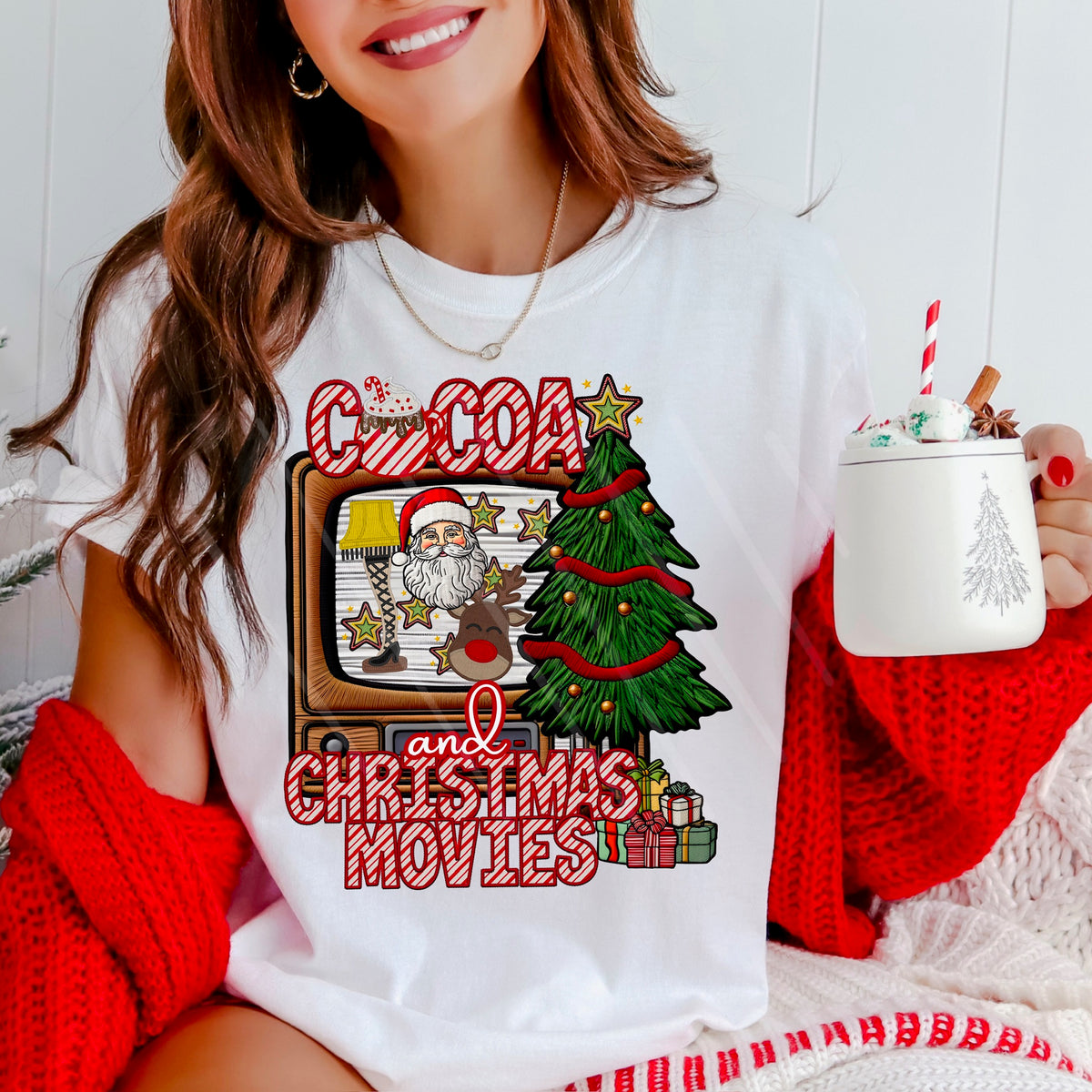 Cocoa and Christmas Movies red striped letters WITH MUG 111665 DTF transfer