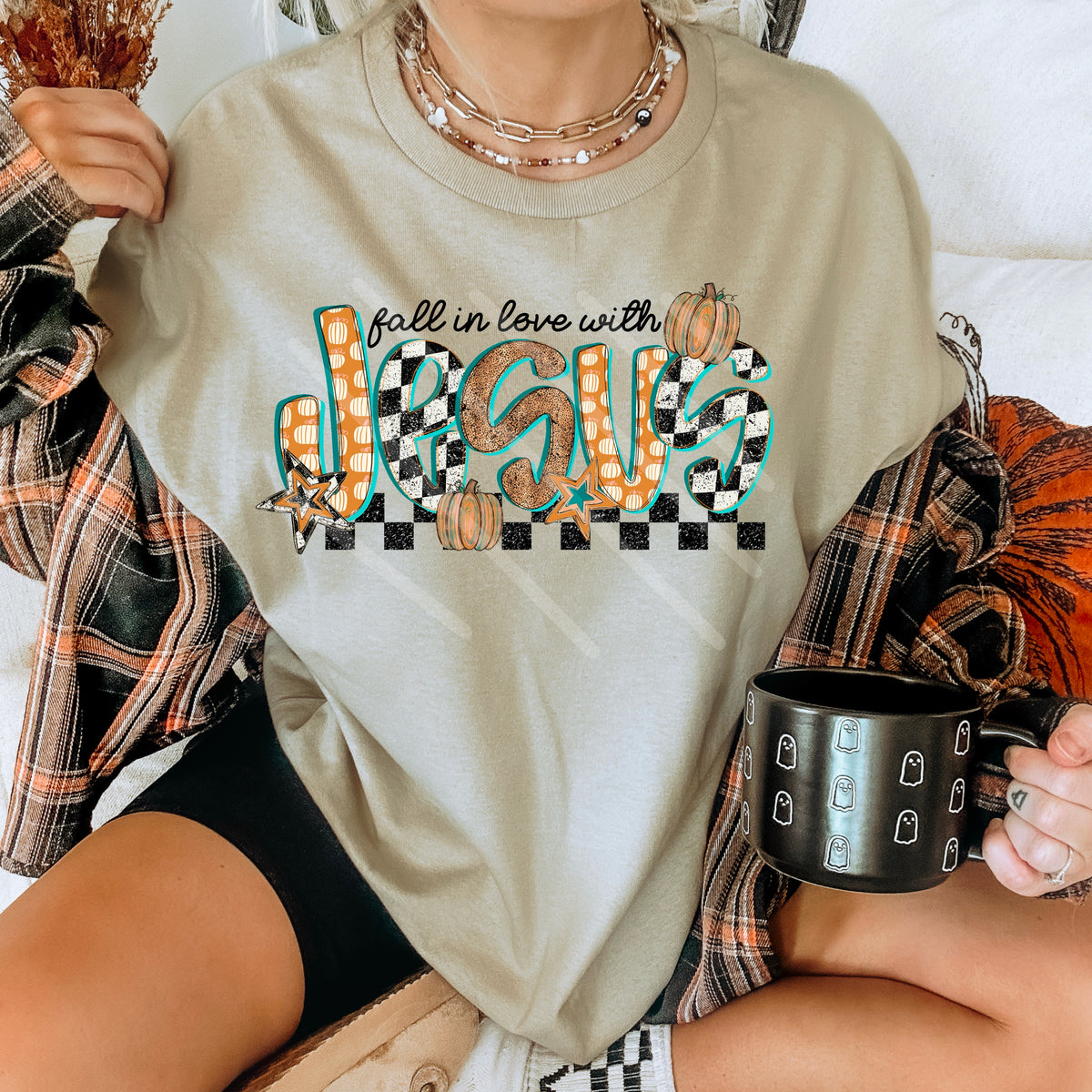 Fall In Love With Jesus teal and orange checker DTF transfer