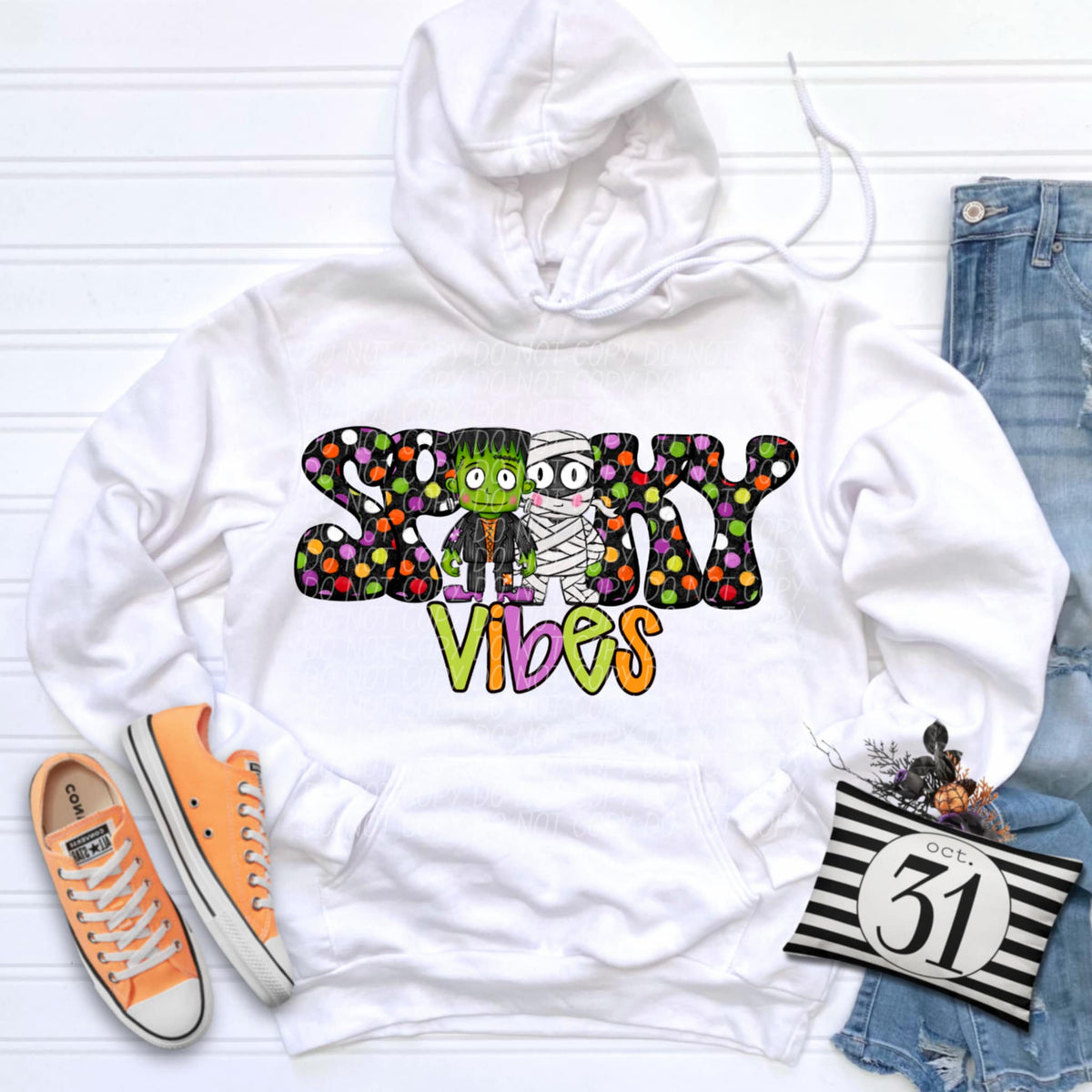 Spooky Vibes polka dot mummy and Frankenstein (city) DTF transfer