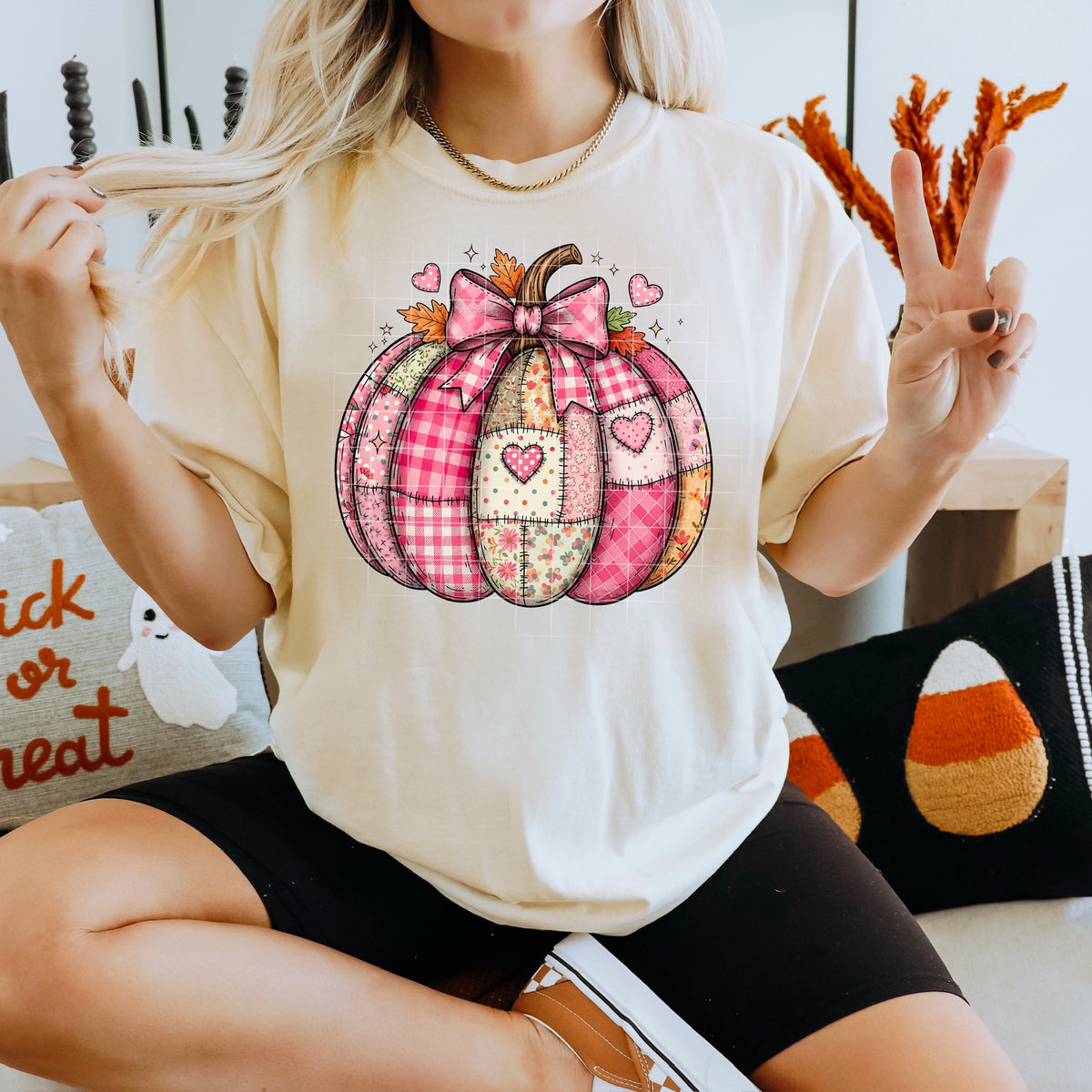 Pink Patchwork Pumpkin with hearts 113763 DTF transfer