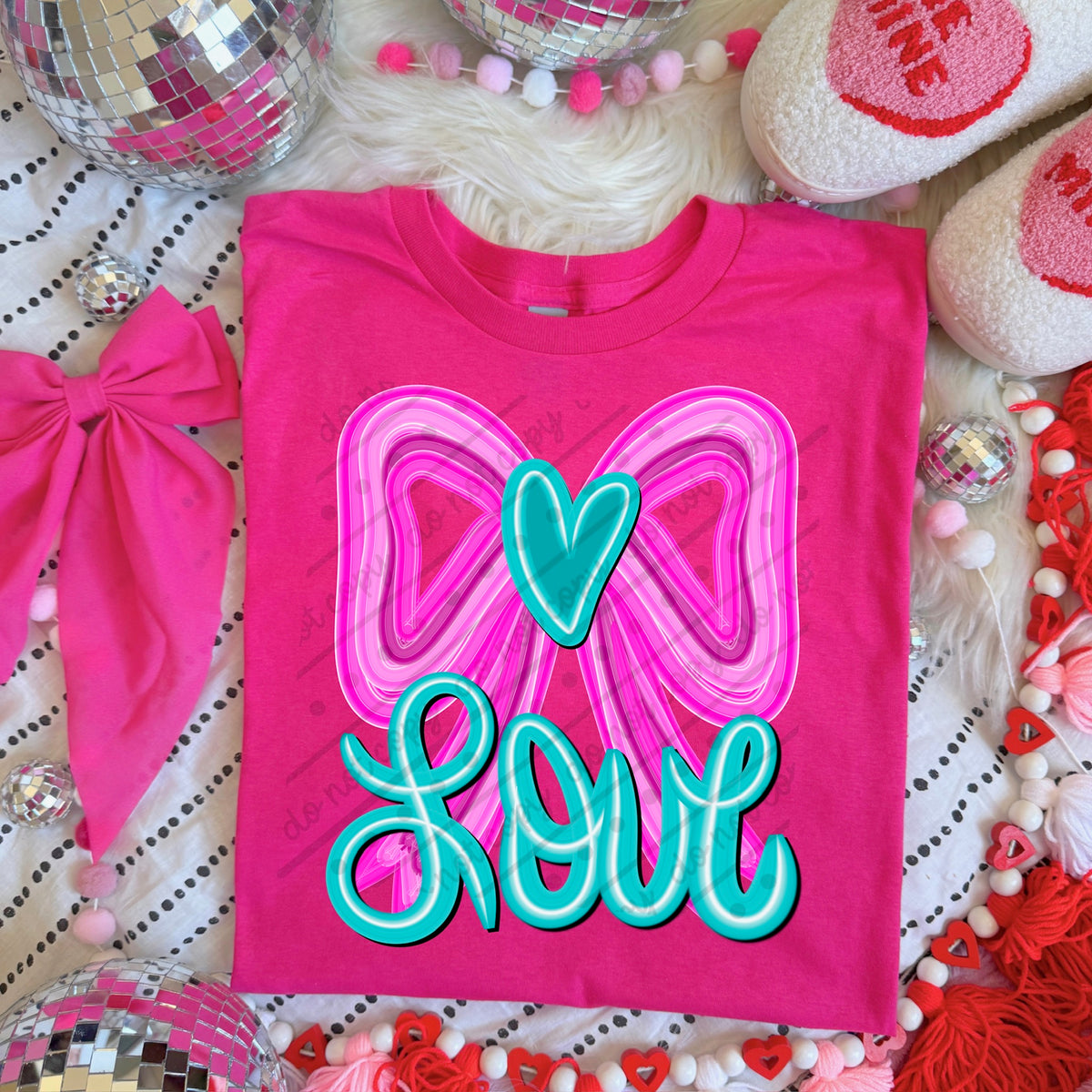 Blue Love with pink bow DTF transfer
