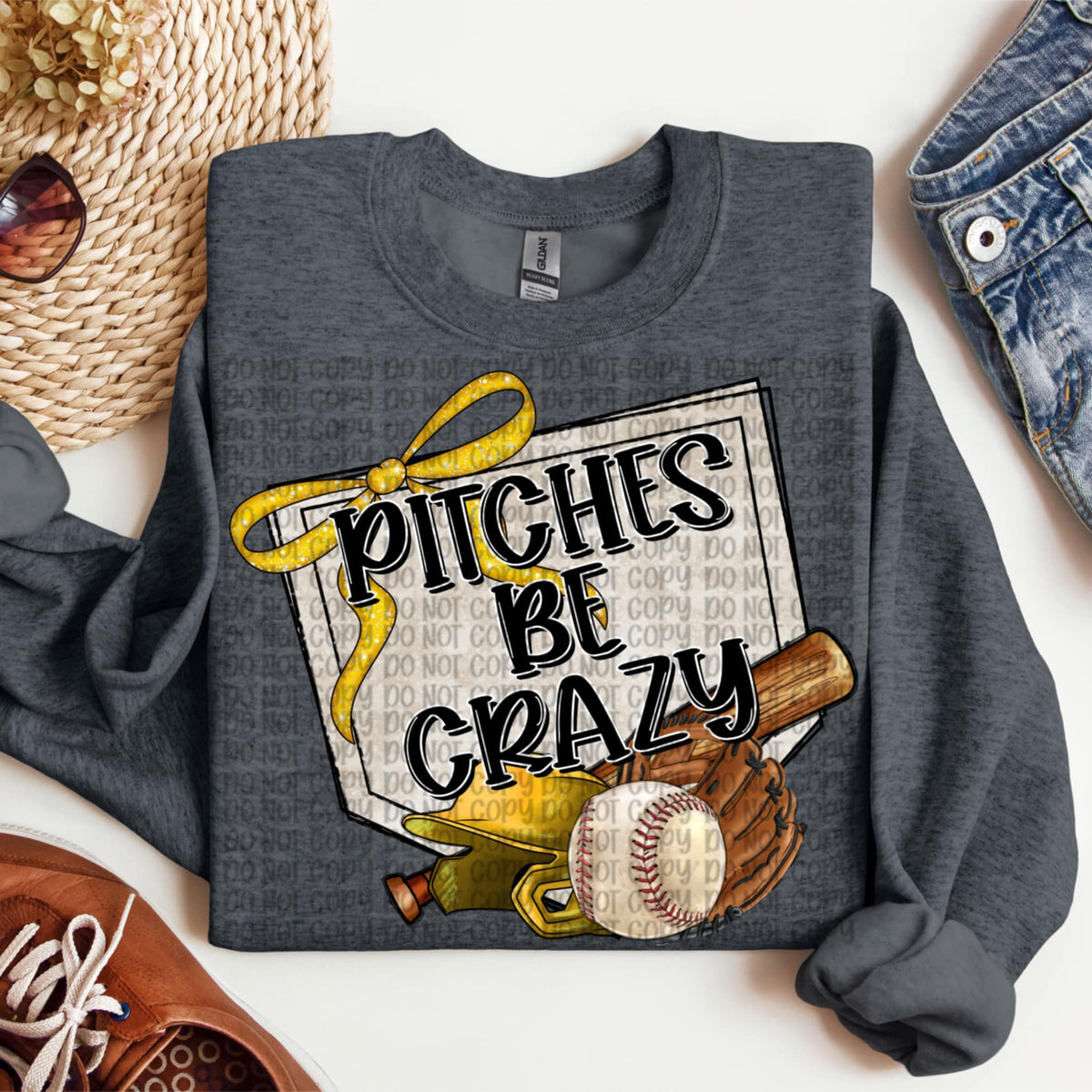 Pitches be crazy yellow bow baseball (VP) 91950 DTF transfer
