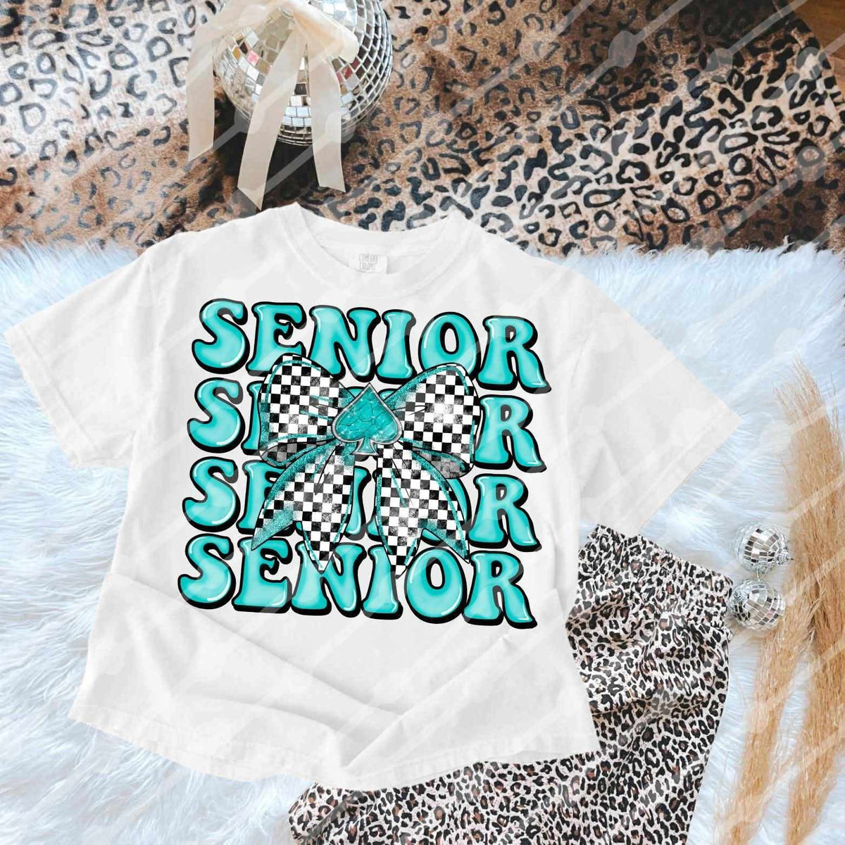 Senior stacked checkered bow blue (JBD) DTF transfer