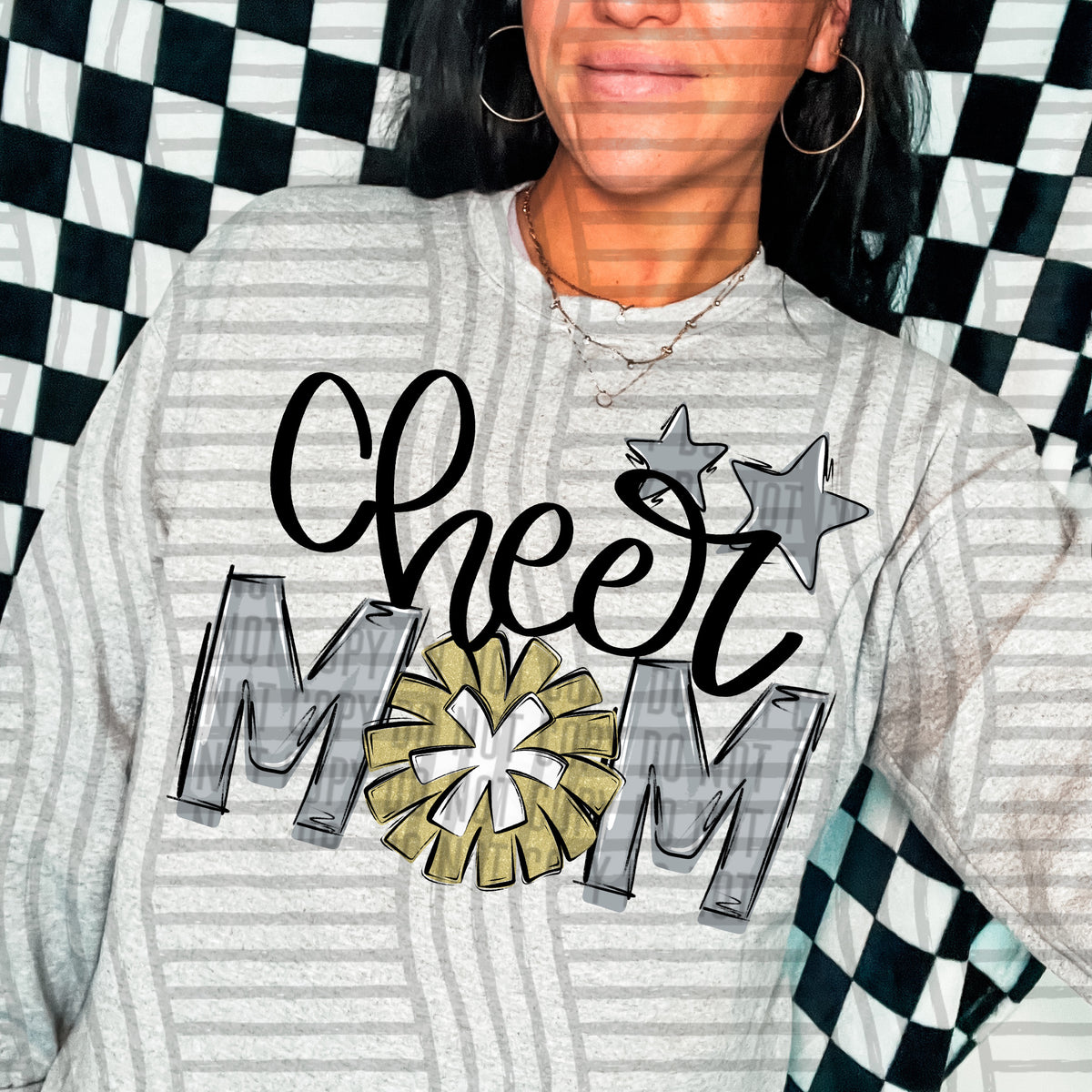 cheer mom grey with gold pompom and stars (Caplinger) DTF transfer