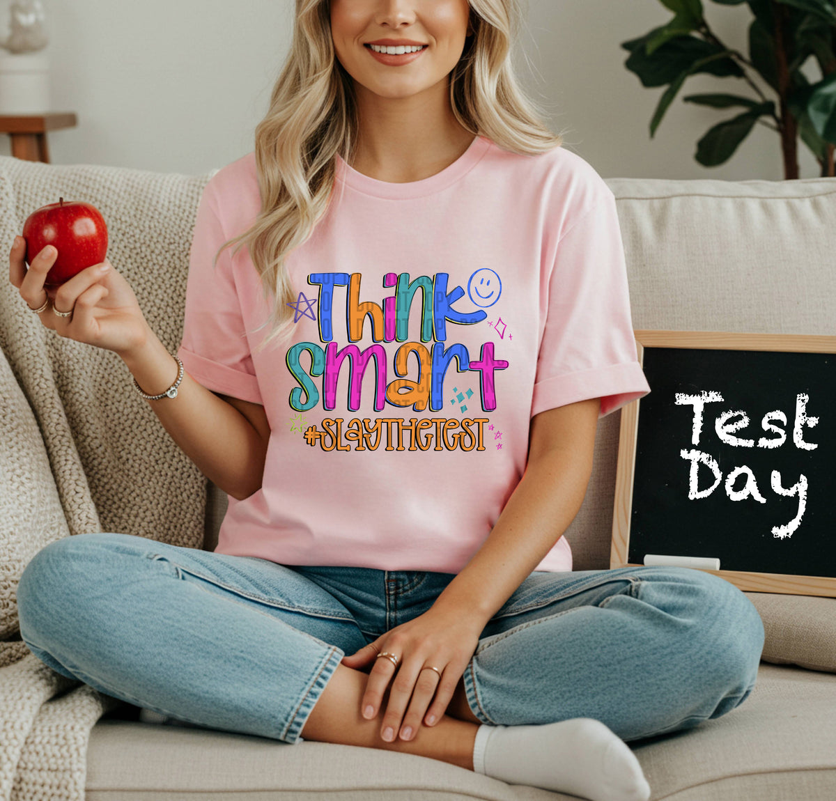 Think smart multicolored happy face (Caplinger) DTF transfer