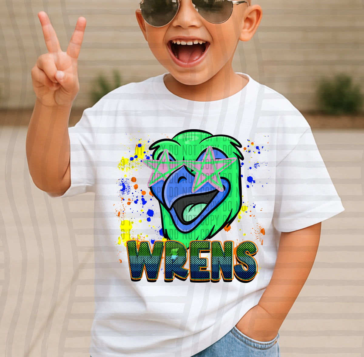 wrens paint splatter boy blue green and yellow (Caplinger) DTF Transfer
