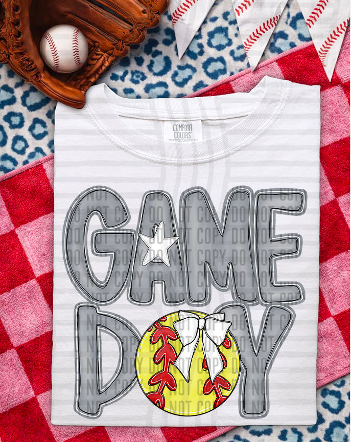 gray game day baseball white bow (Caplinger) DTF Transfer
