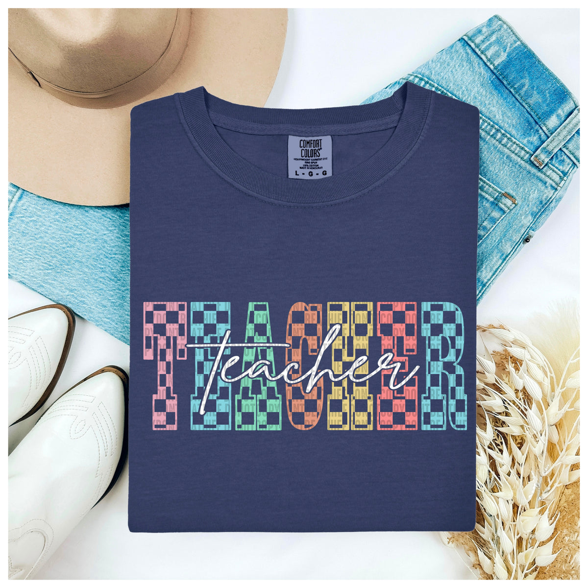 Teacher checkered white font 100080 DTF transfer